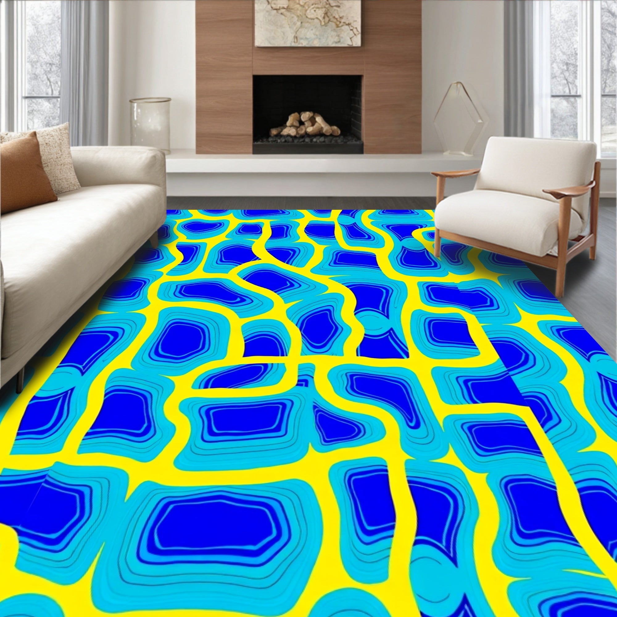 Vibrant Yellow Blue Abstract Organic Pattern Rug