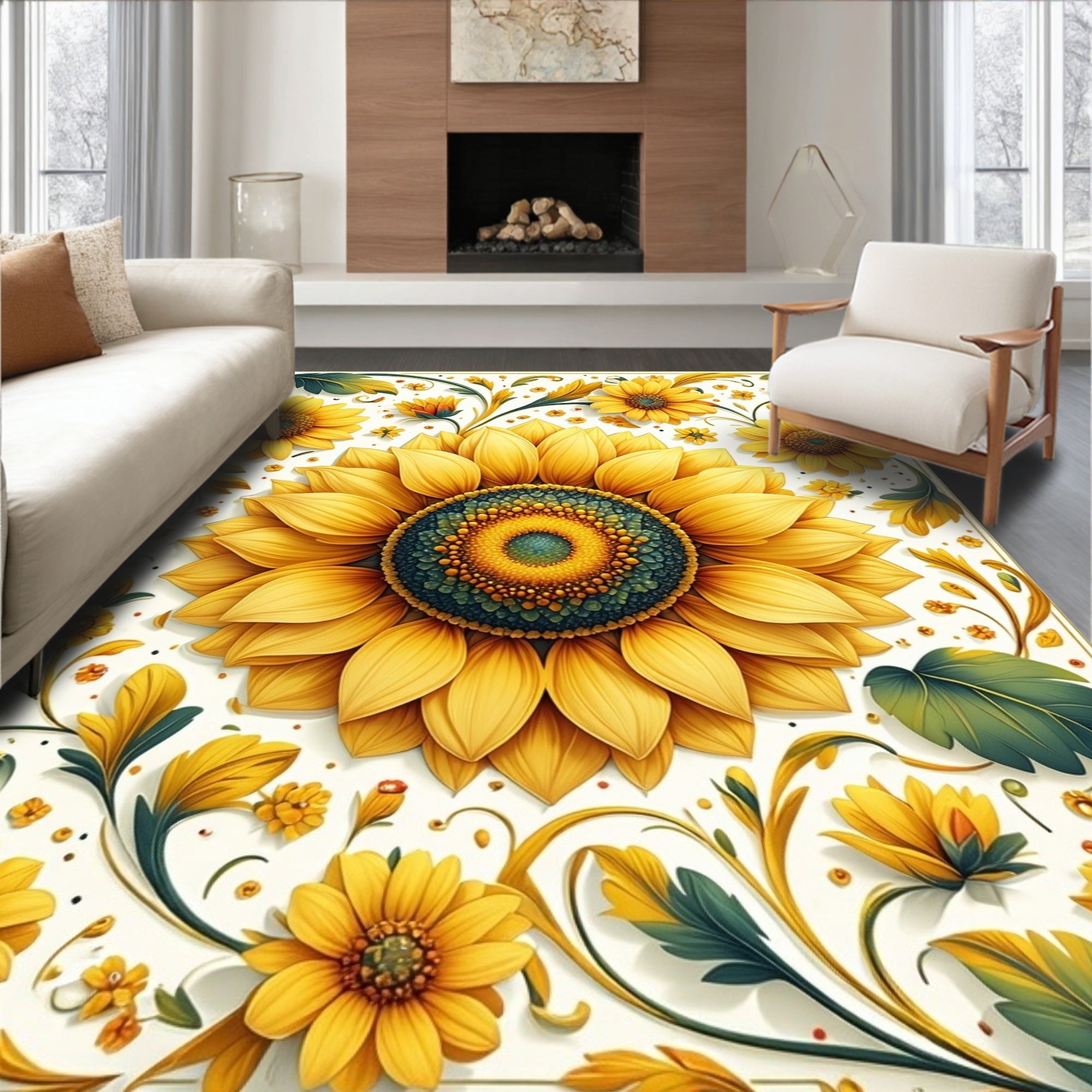 Golden Sunflower Botanical Pattern Rug