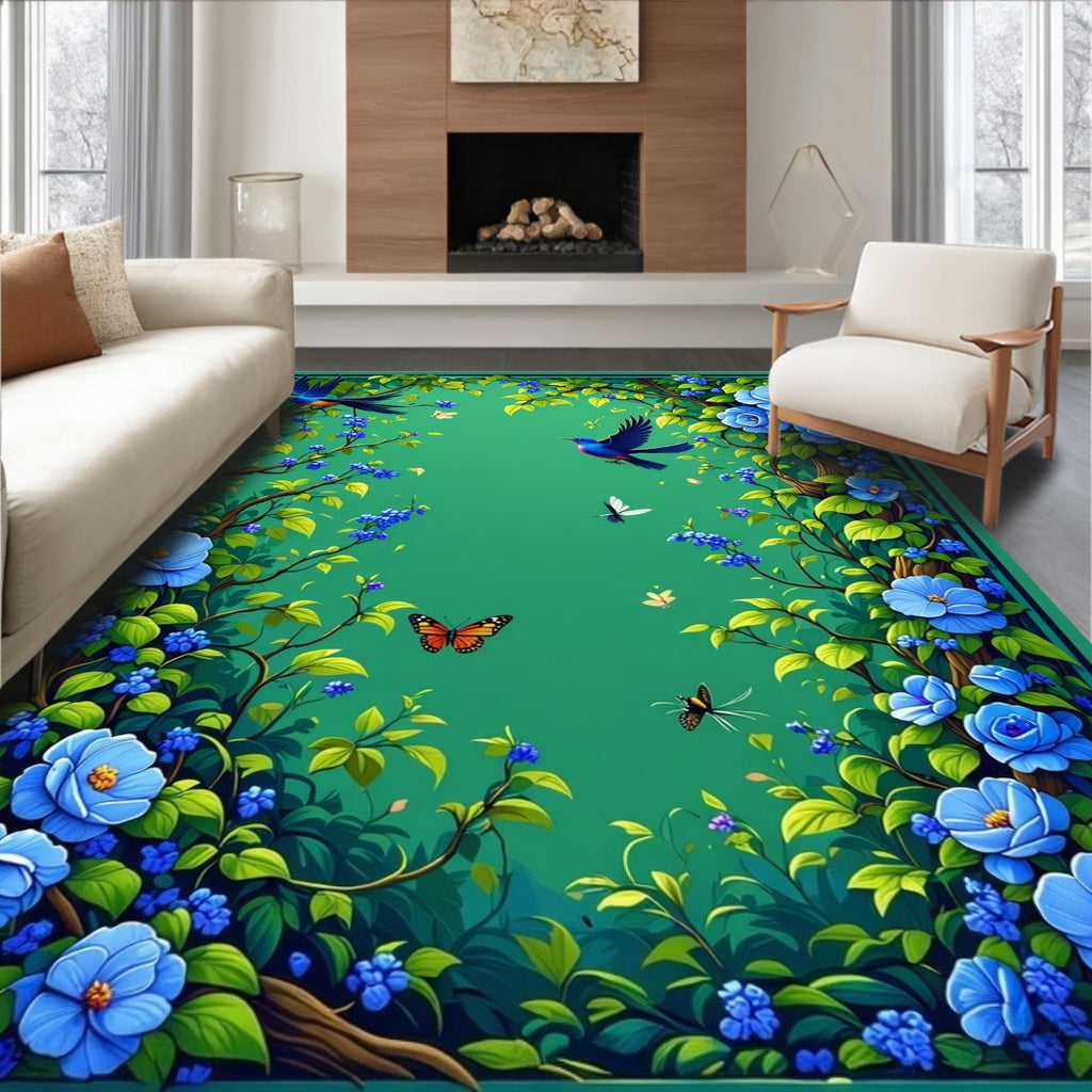 Enchanted Garden Blue Floral Birds Rug