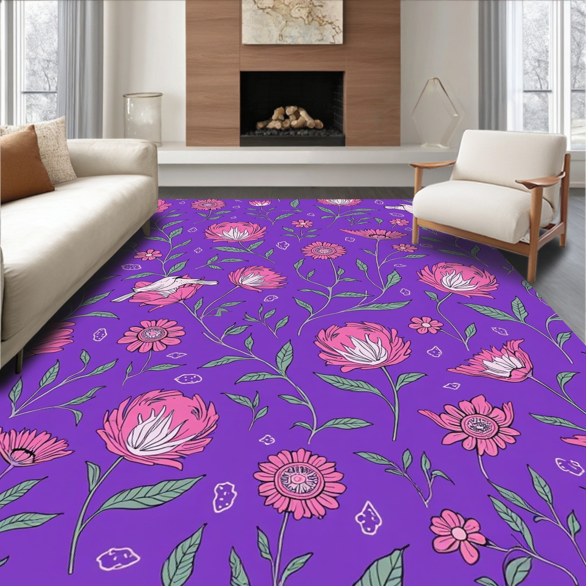 Pink Floral Birds on Purple Background Rug