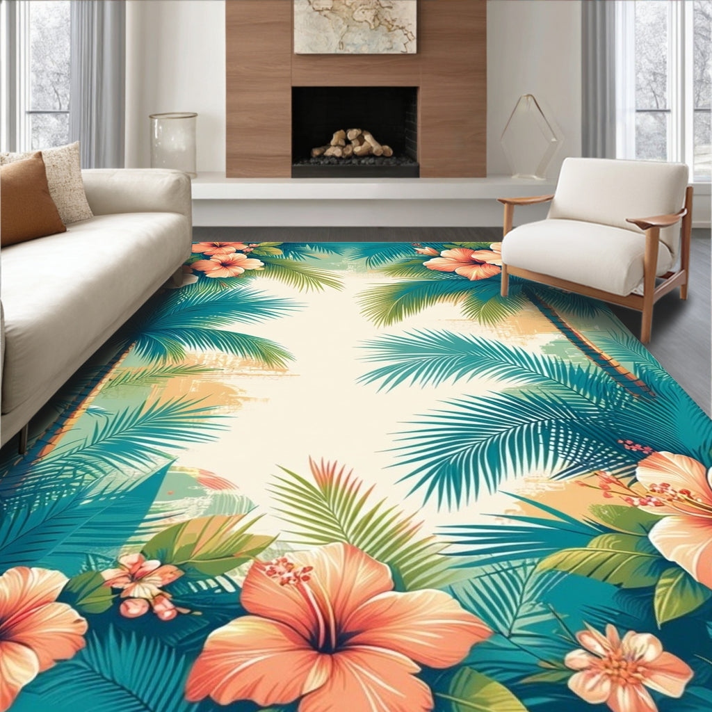 Tropical Floral Palm Leaf Pattern Rug