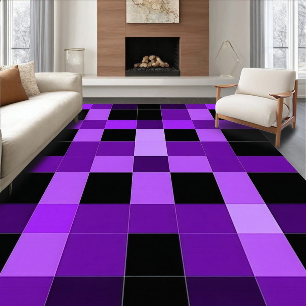 Checkerboard Pattern In Purple And Black Rug