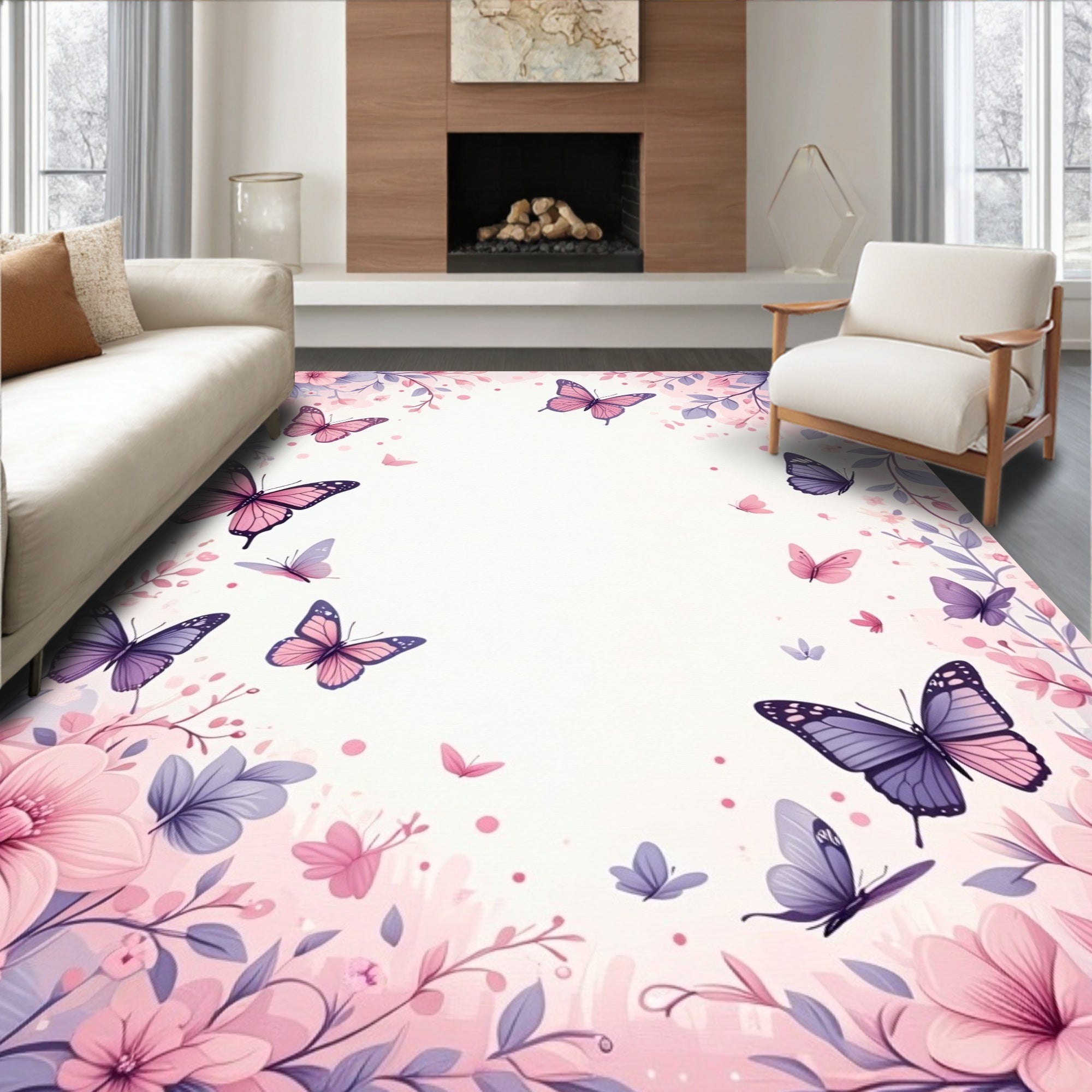 Pink Butterfly Floral Spring Design Rug