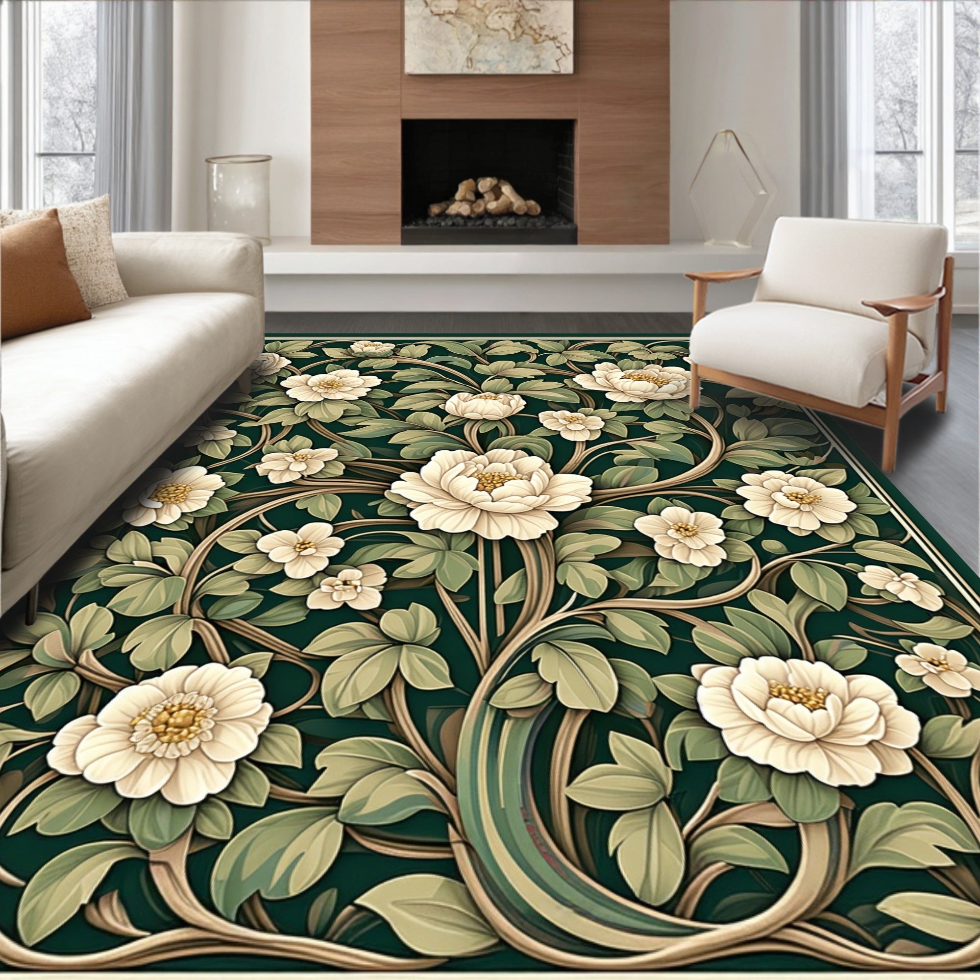 Art Nouveau White Floral Pattern Rug