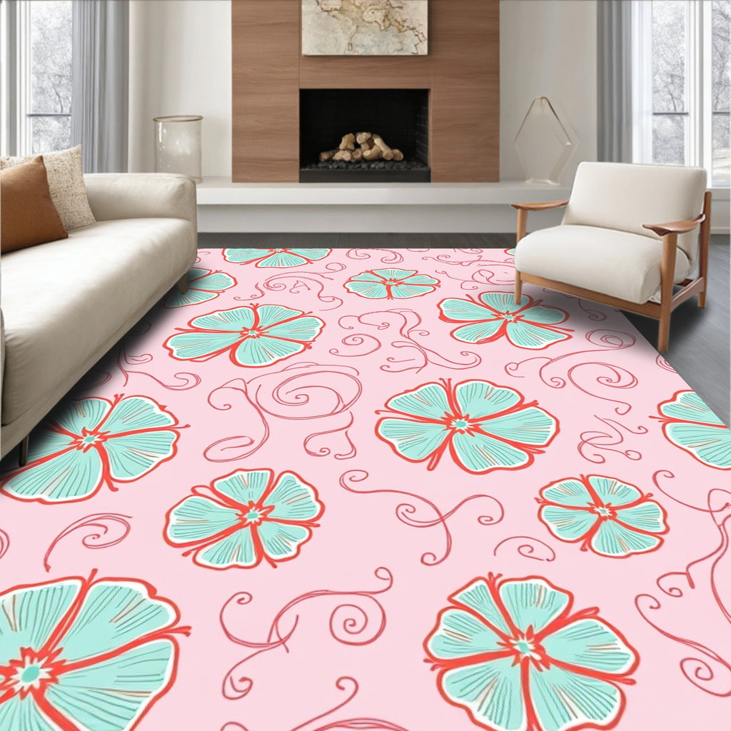 Delicate Aqua Floral Swirl Pattern Rug