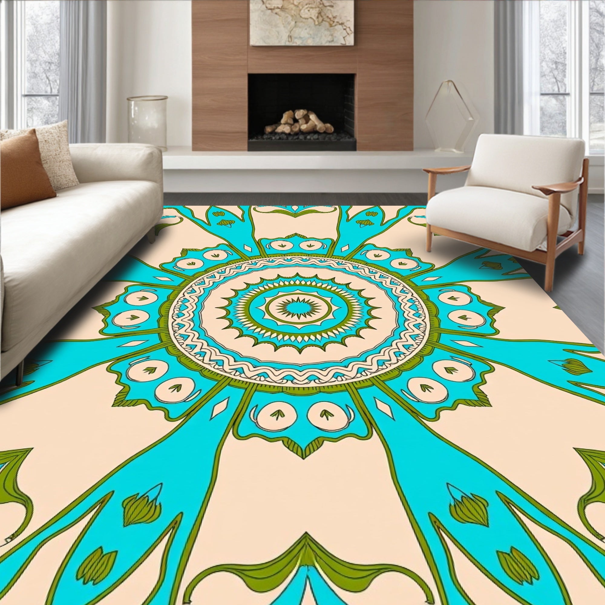 Aqua Teal Floral Sunburst Mandala Rug