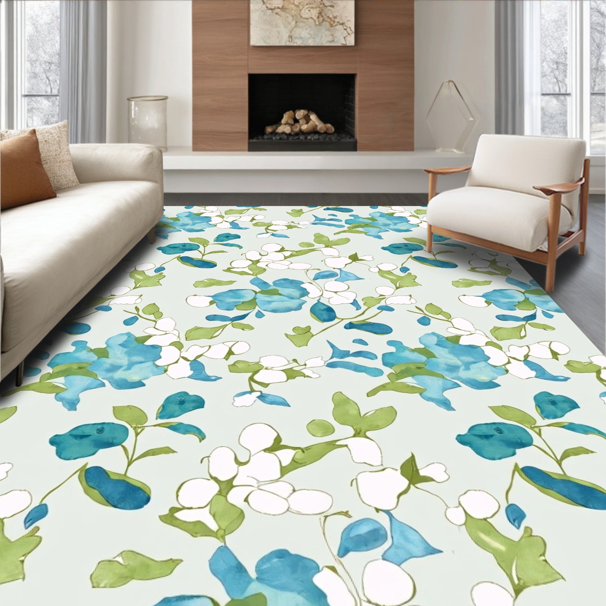 Watercolor Floral Branches And Leaves Rug
