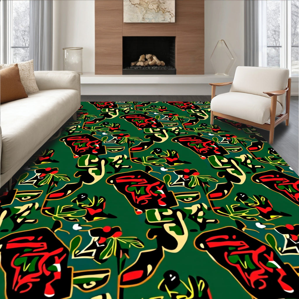 Abstract Crimson Green Organic Forms Rug