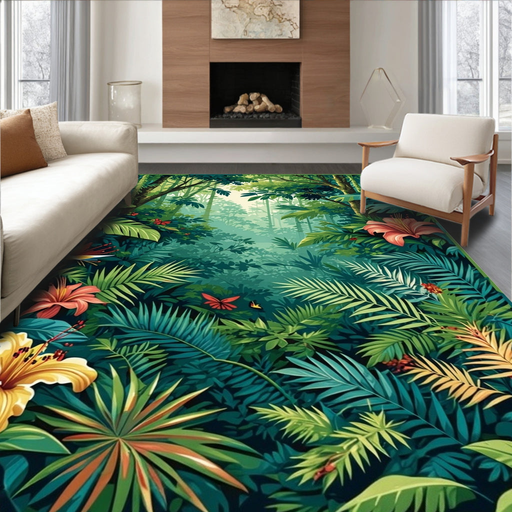 Lush Jungle Floral Bird Botanical Scene Rug