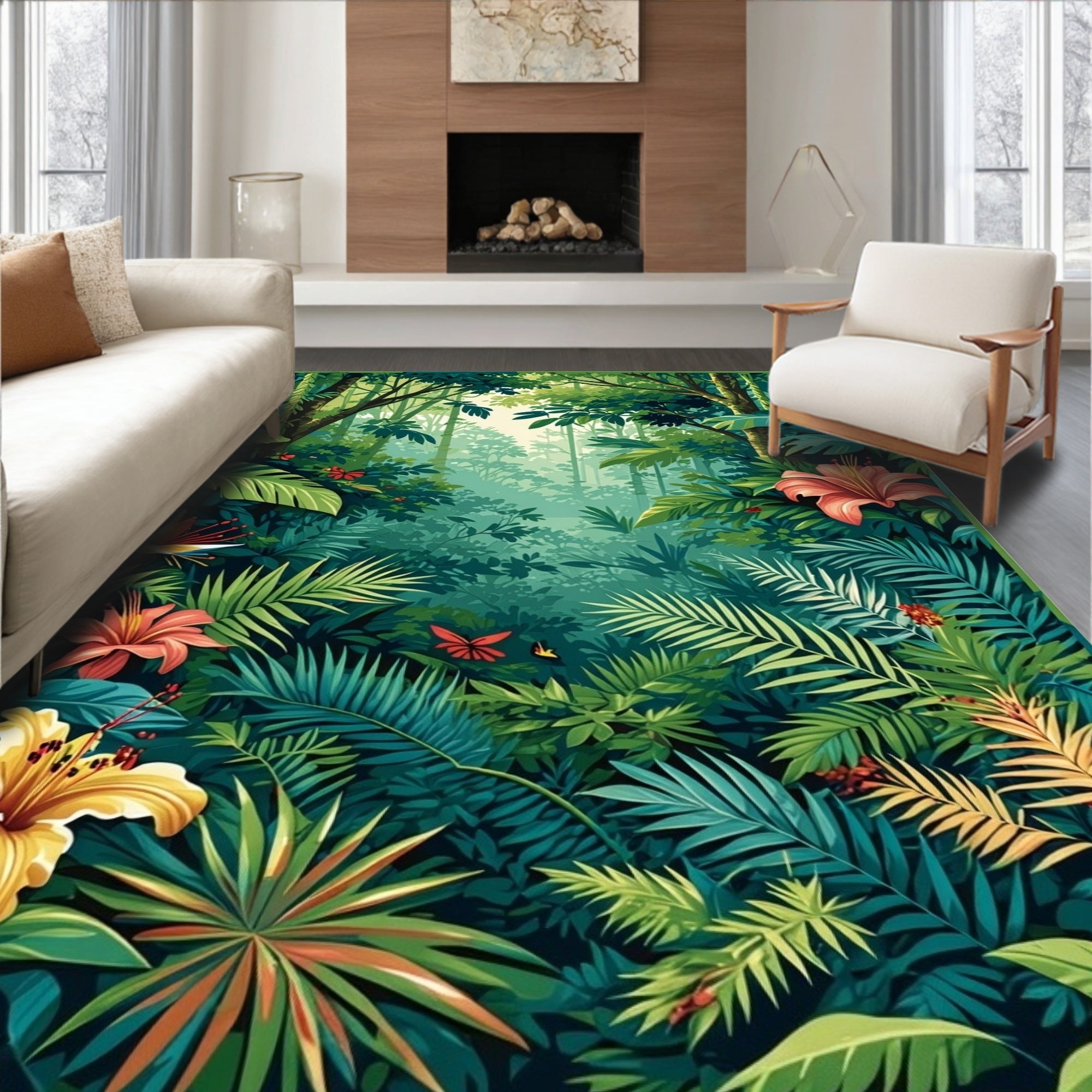 Lush Jungle Floral Bird Botanical Scene Rug