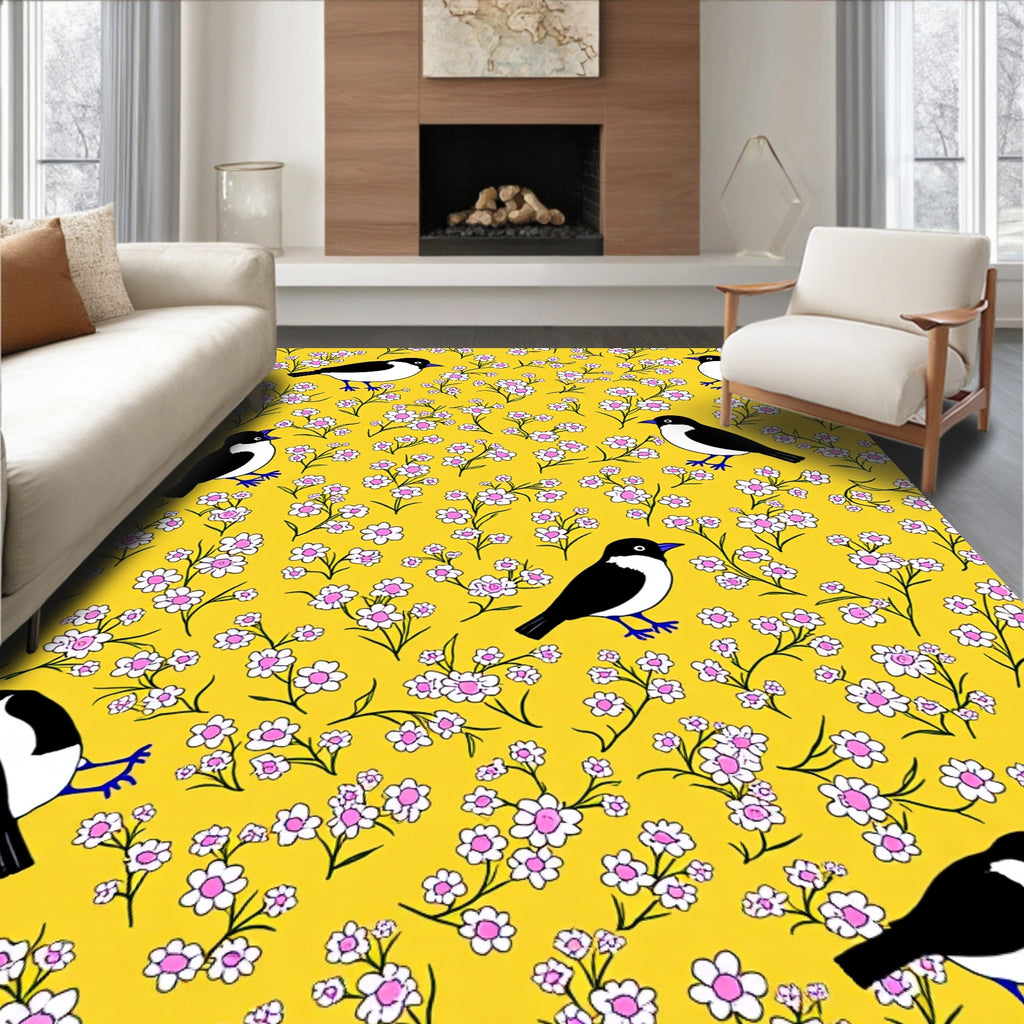 Chirping Birds Amongst Many Flowers Vivid Pattern Rug