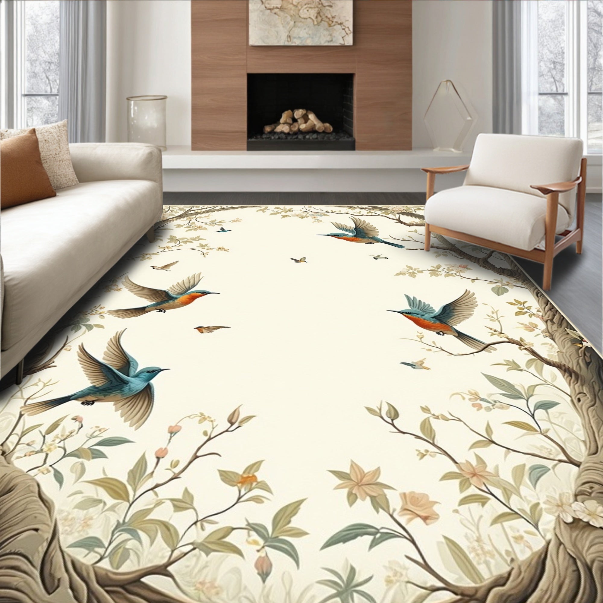 Whimsical Birds Blossoms Nature Pattern Rug