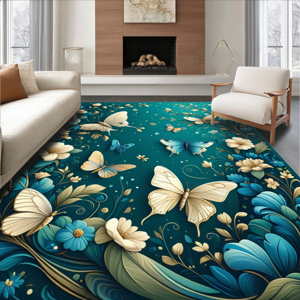 Elegant Floral Butterflies With Gold Accents Rug