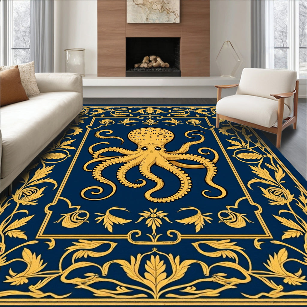 Vintage Octopus And Floral Border Design Rug