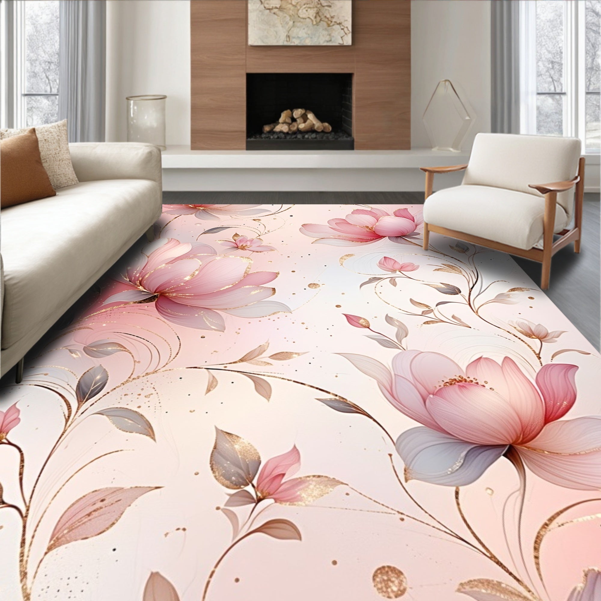 Elegant Pink Floral Whimsical Glitter Design Rug