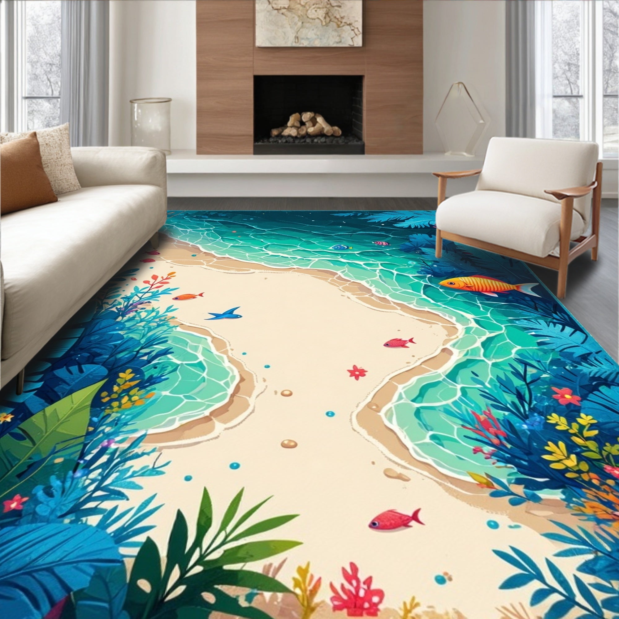 Tropical Beach Scene With Fish Design Rug