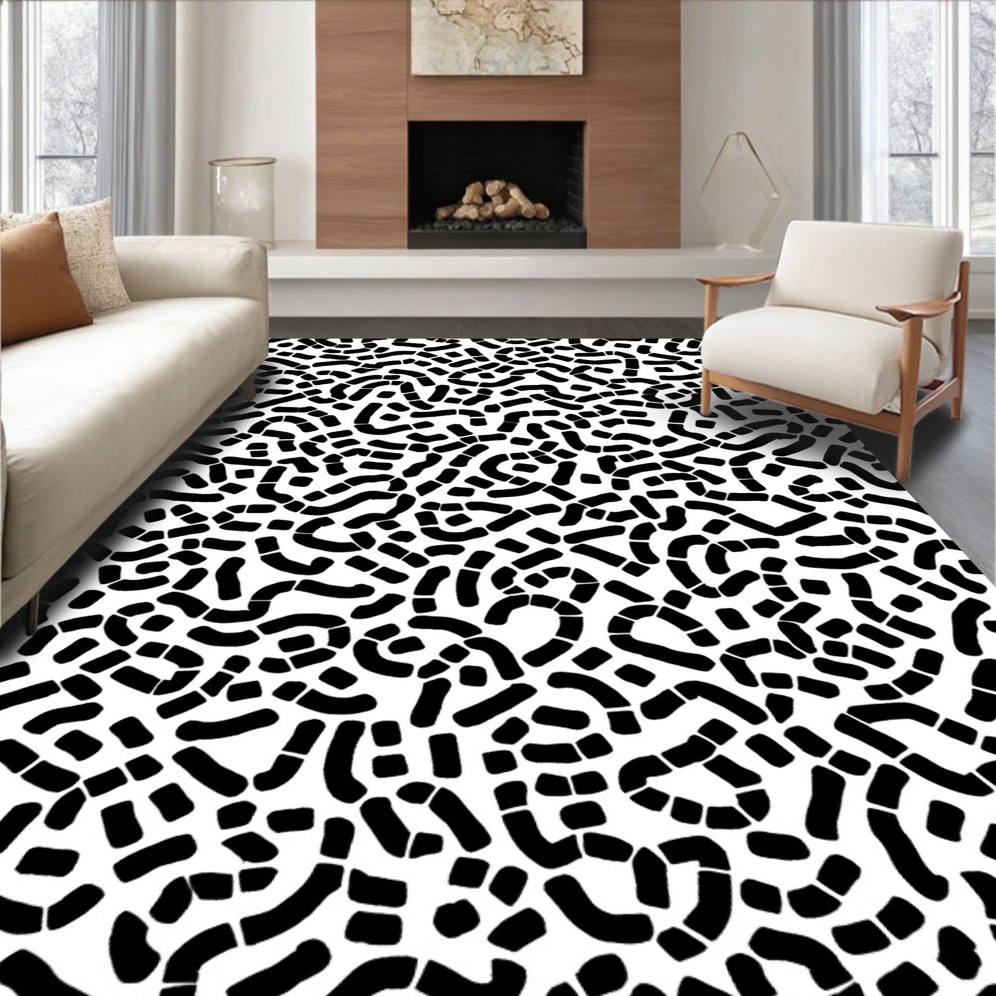 Abstract Black Curve Pattern Design Rug