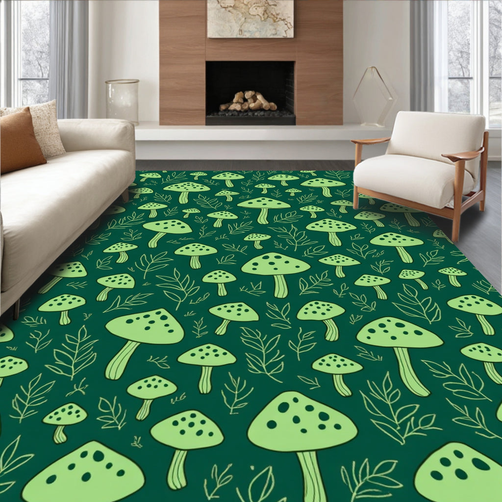 Woodland Mushroom Leafy Pattern Rug