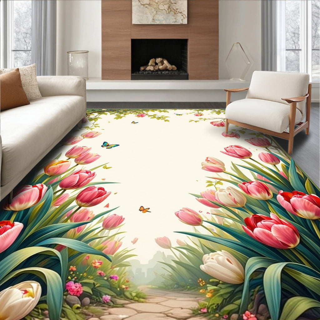 Pink Tulip Garden Butterfly Design Rug