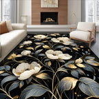 Elegant Black Gold Floral Swirl Pattern Rug