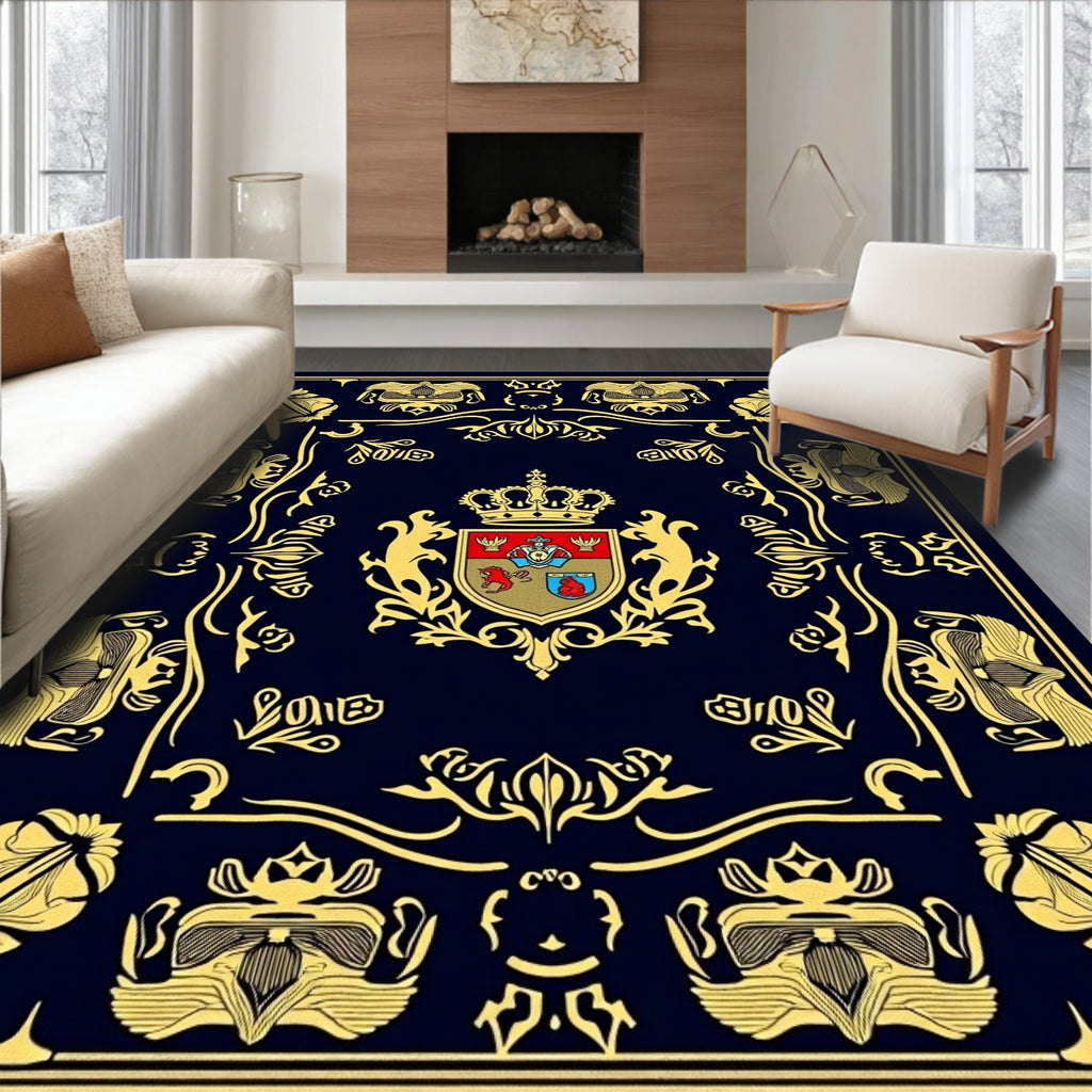 Navy Gold Crested Scrollwork Blanket Rug