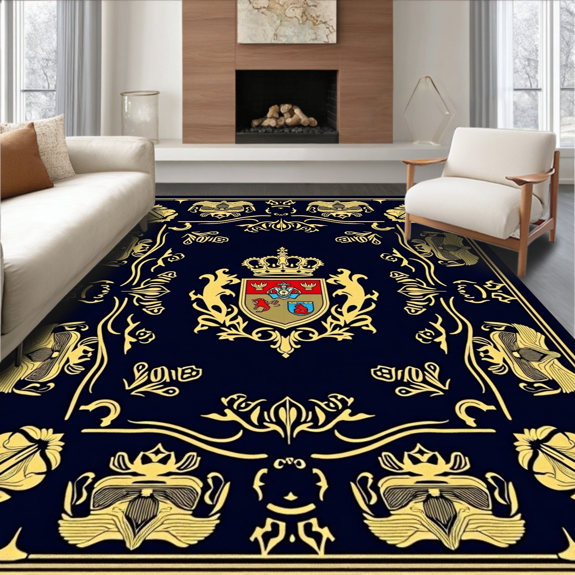 Navy Gold Crested Scrollwork Blanket Rug