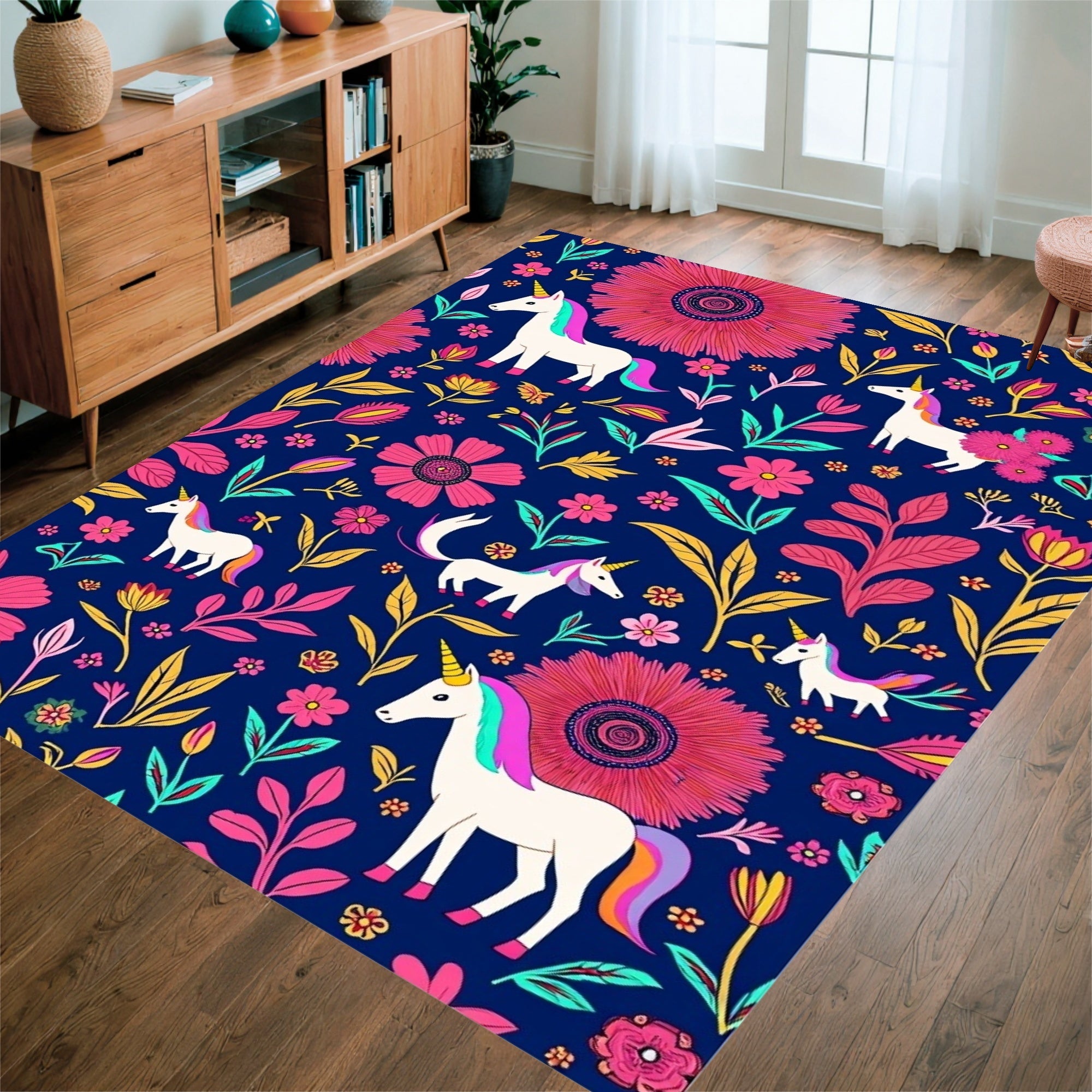 Vibrant Unicorn Floral Print Rug