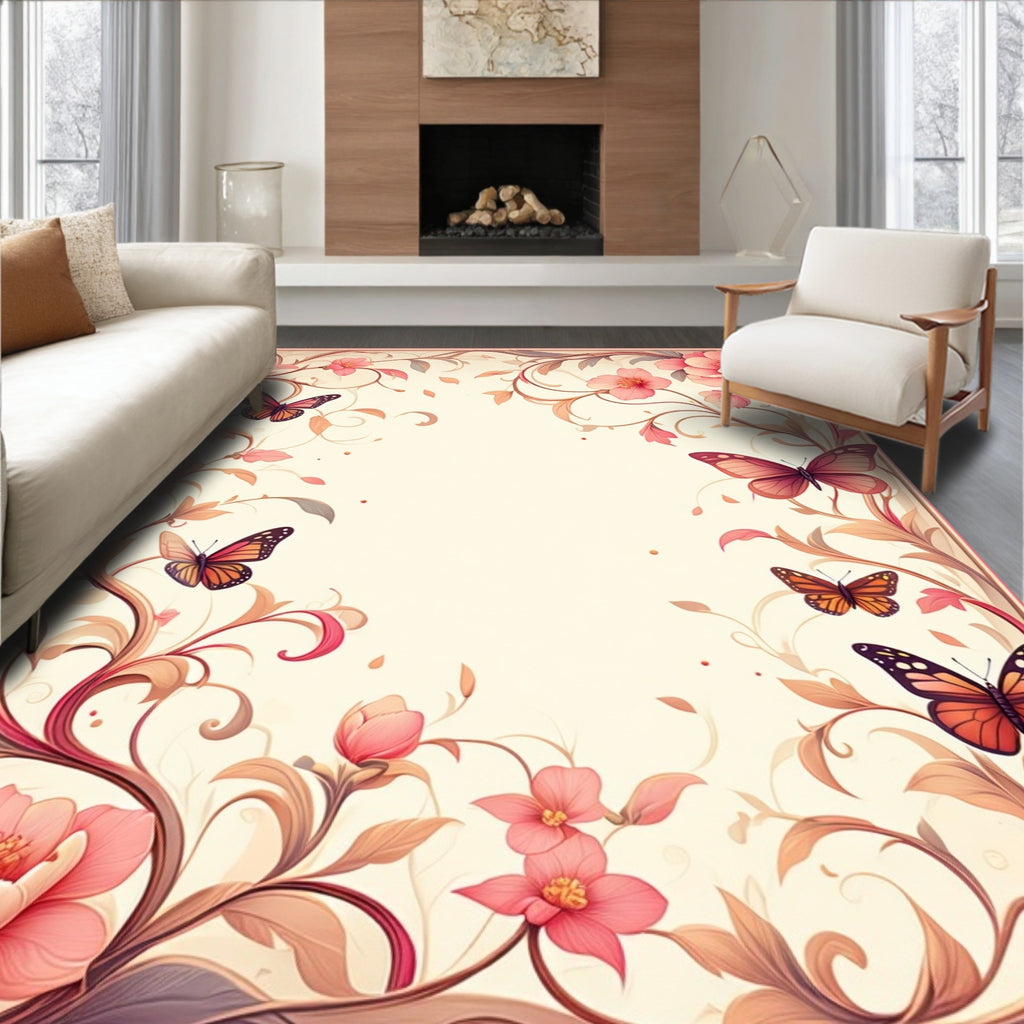 Whimsical Floral Butterfly Scroll Pattern Rug