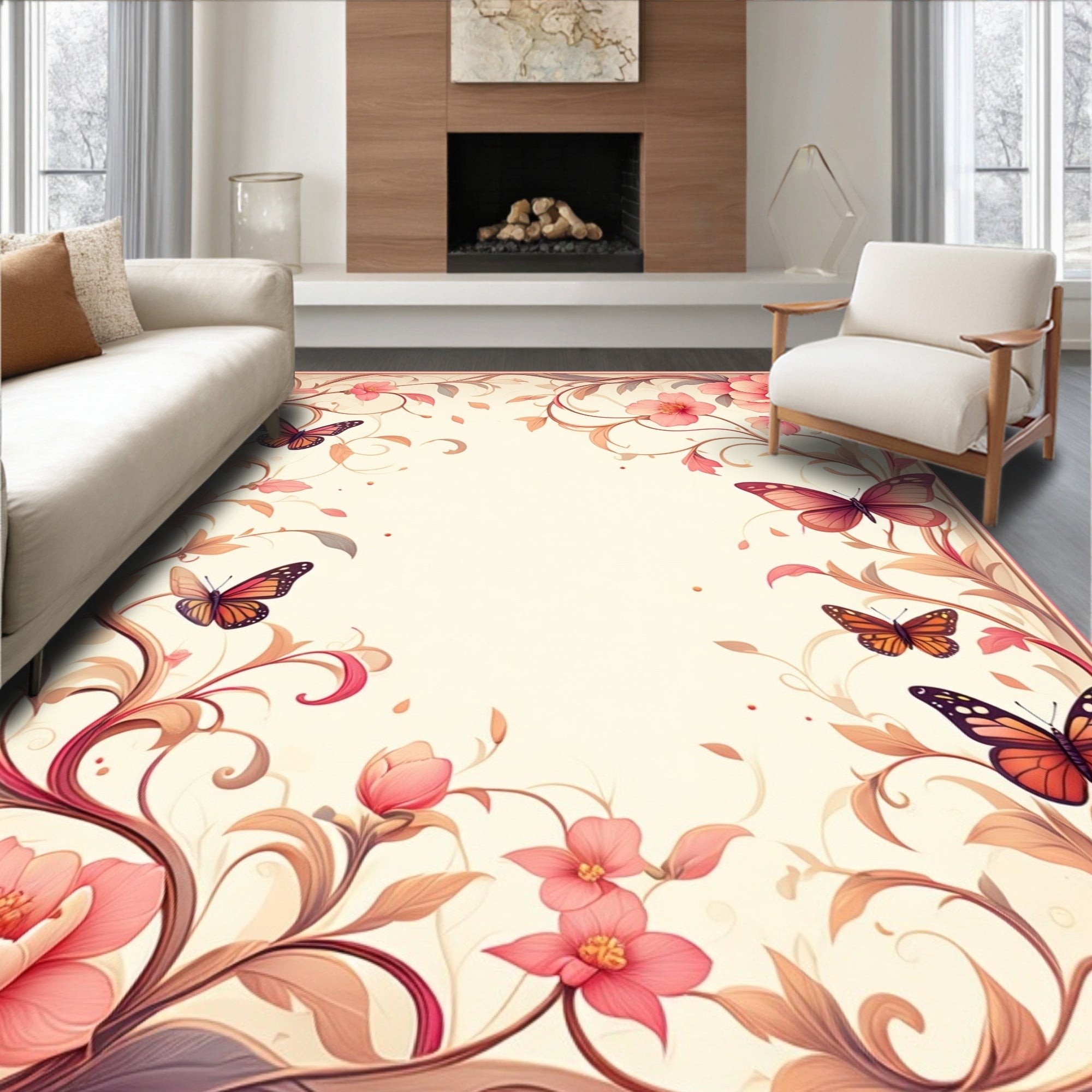 Whimsical Floral Butterfly Scroll Pattern Rug