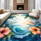Tropical Hibiscus Wave Watercolor Design Rug