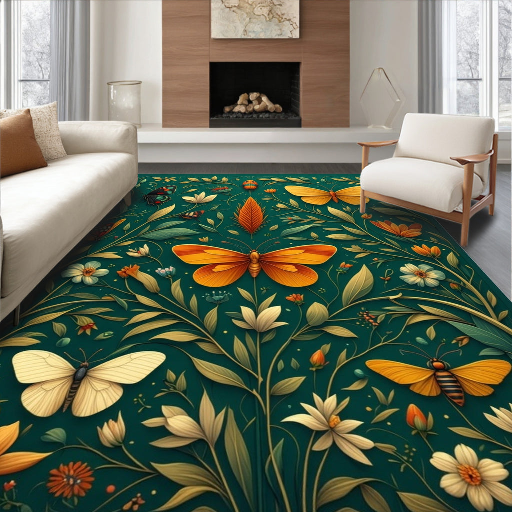 Intricate Monarch Butterfly Garden Print Rug