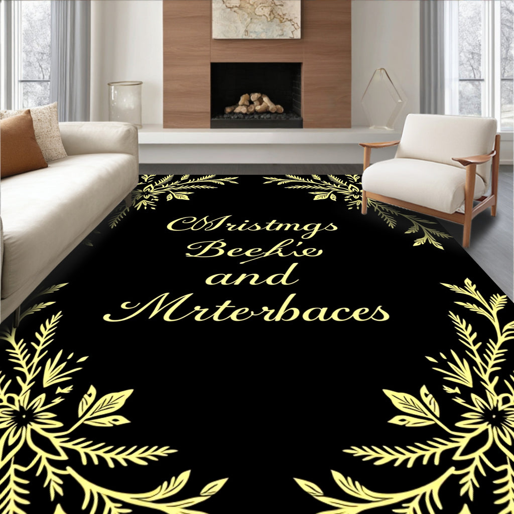 Golden Floral Swirls Black Rug