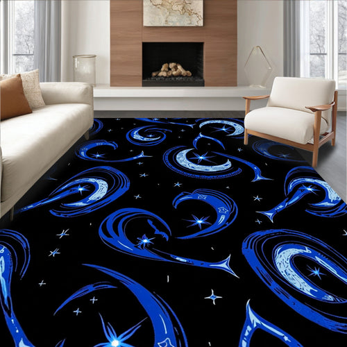Abstract Blue Cosmic Crescent Stars Rug