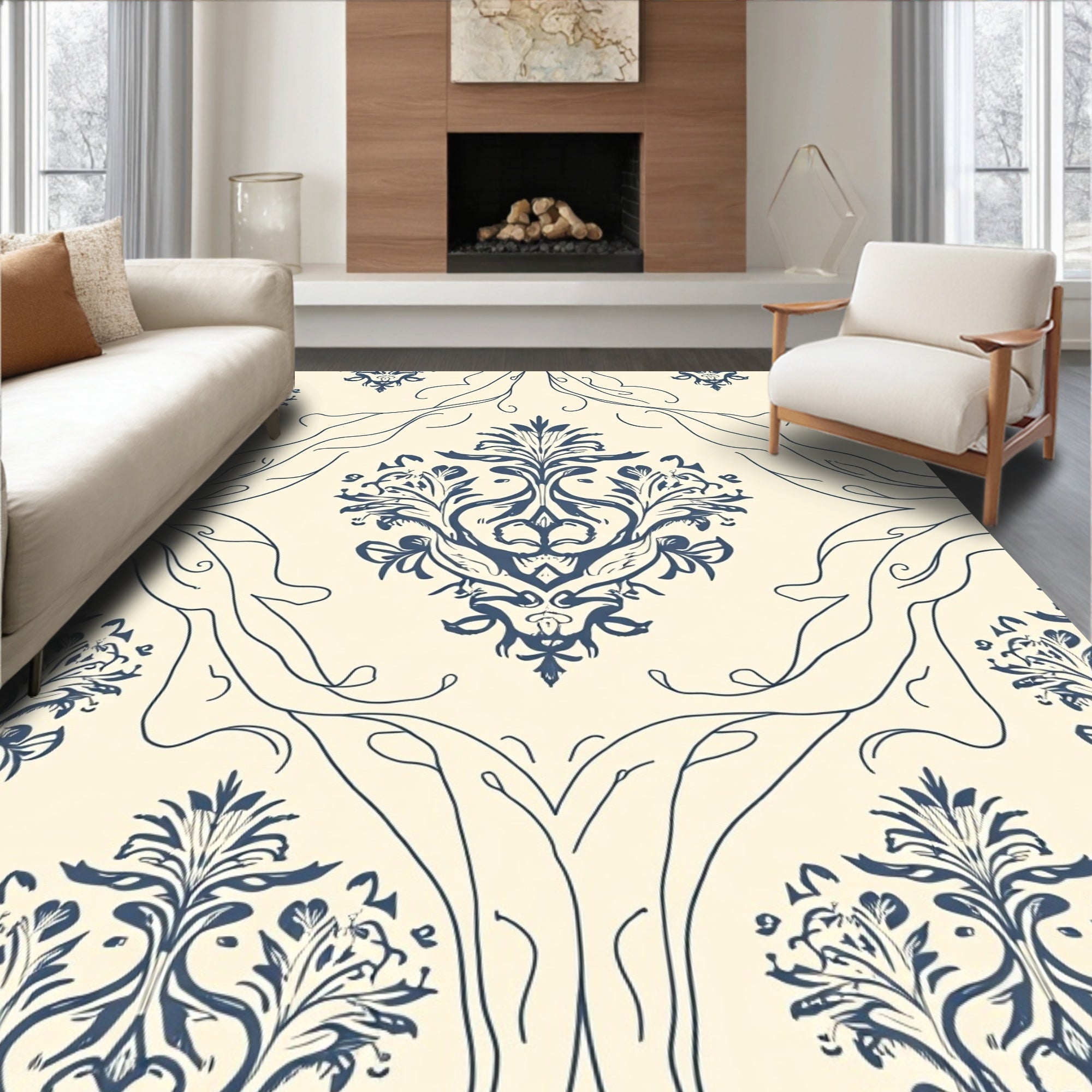 Classic Damask Floral Swirls Design Rug