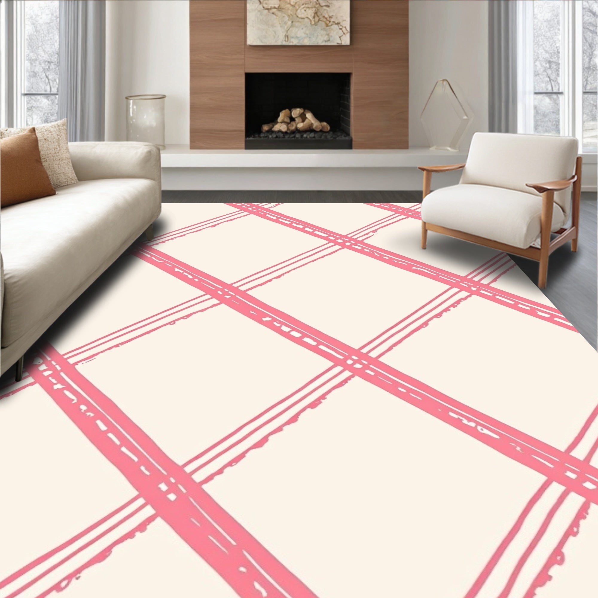 Pink Striped Diagonal Line Pattern Rug