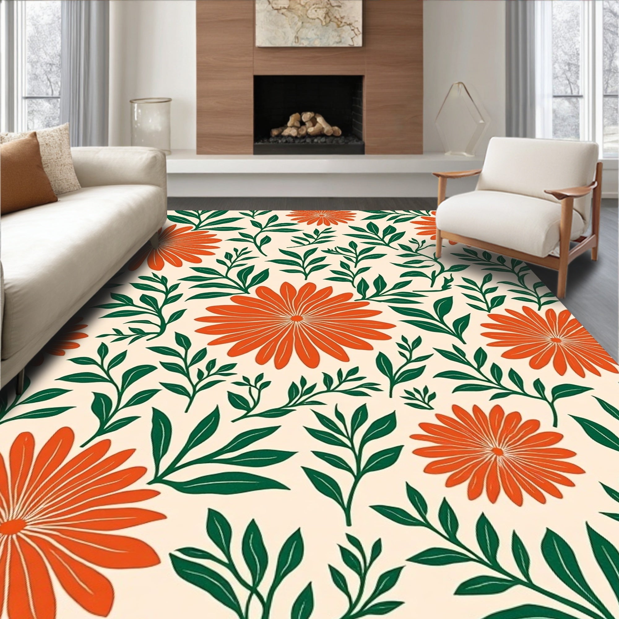 Bold Orange Flower Leaf Pattern Rug