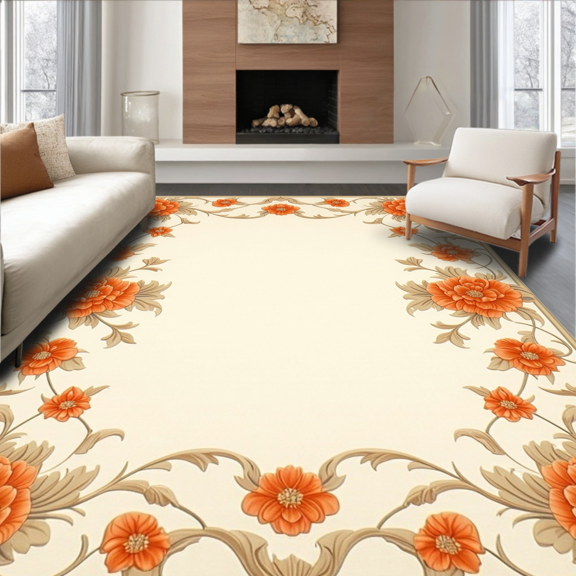 Orange Floral Scroll Pattern Rug