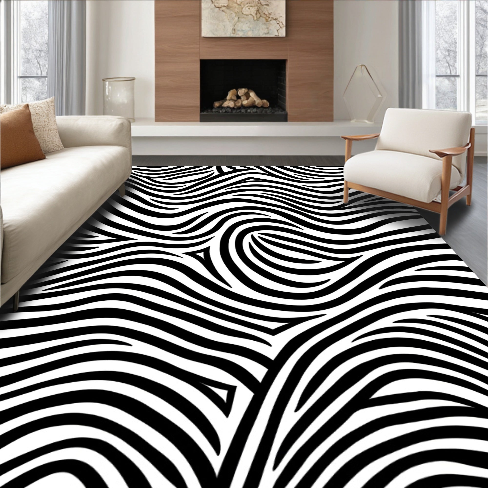Black White Abstract Wavy Stripes Rug