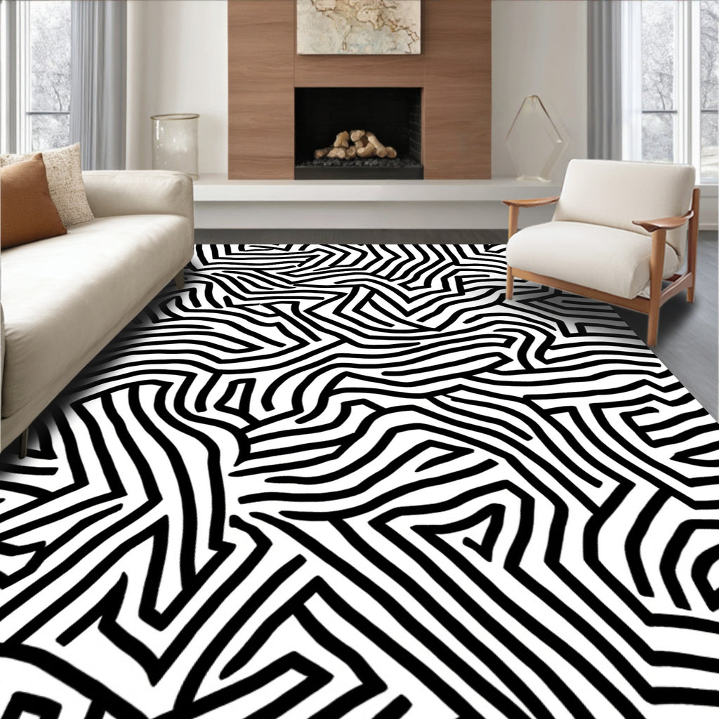 Abstract Black White Maze Pattern Rug