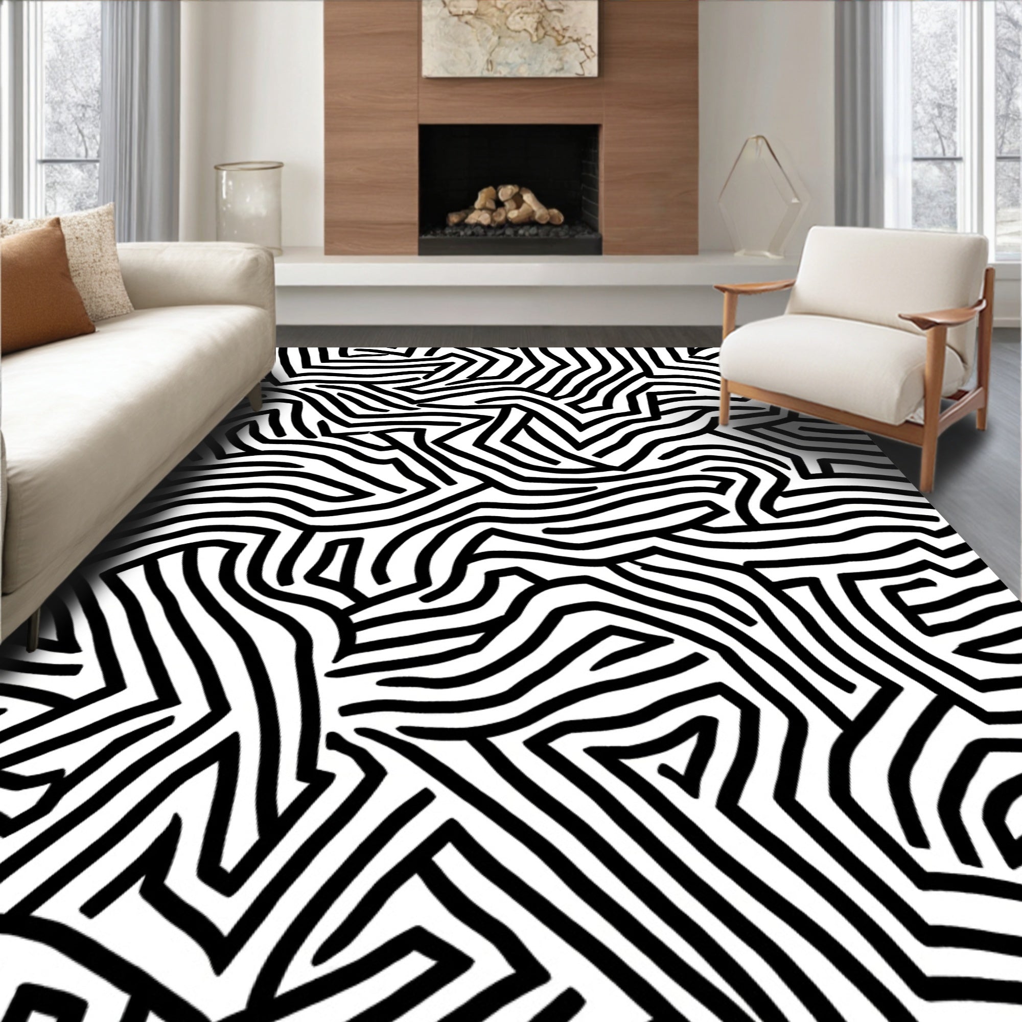 Abstract Black White Maze Pattern Rug