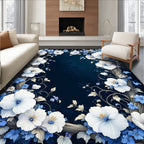 Elegant White Blue Floral Branch Pattern Rug