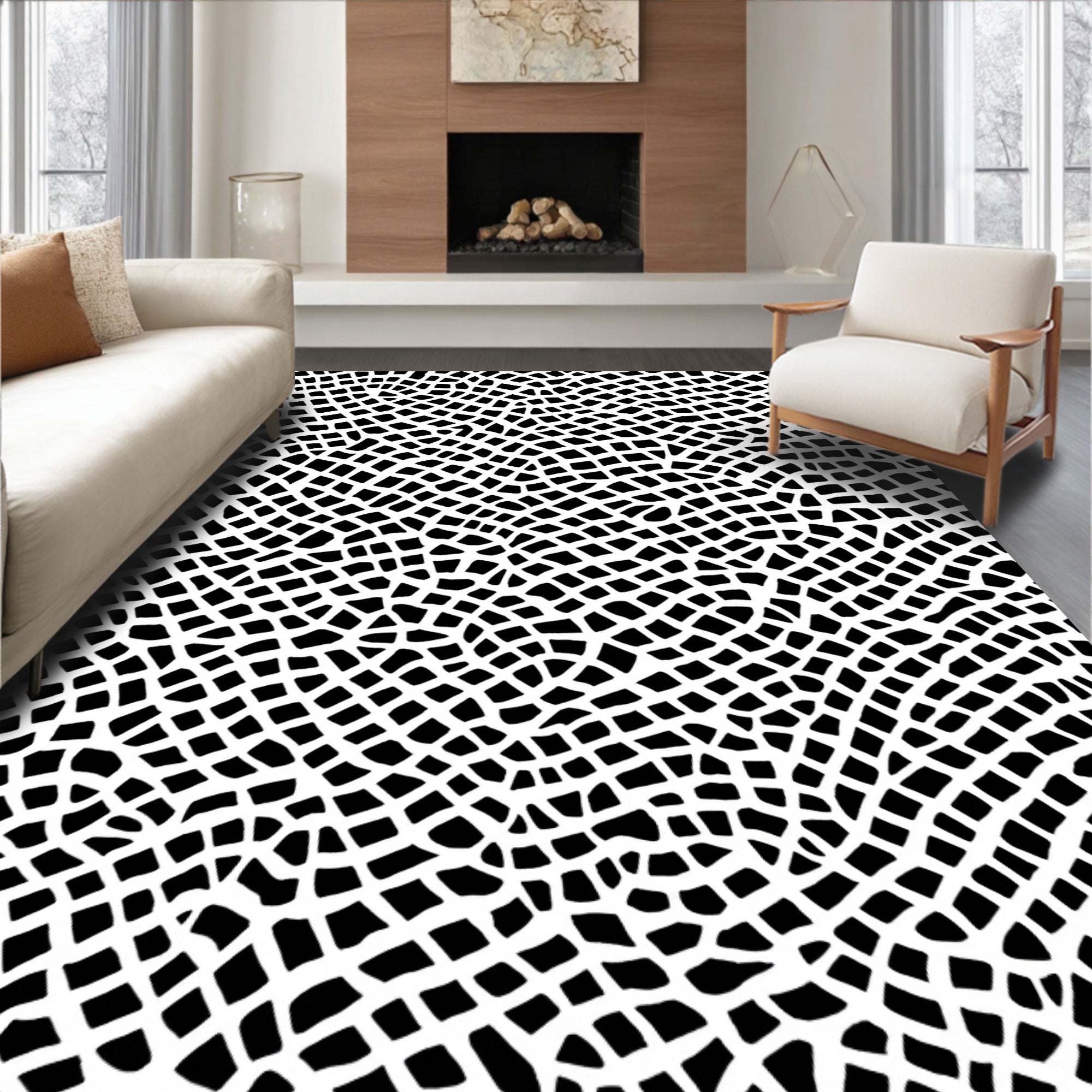 Organic Black White Net Pattern Rug