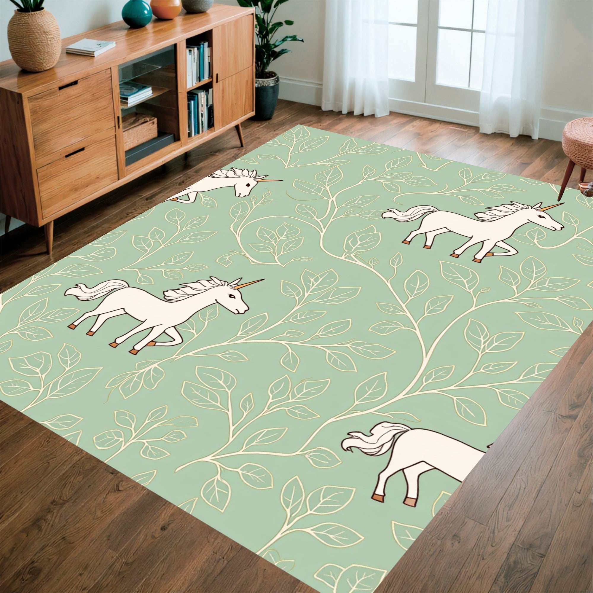 Whimsical Unicorn Botanical Pattern Rug