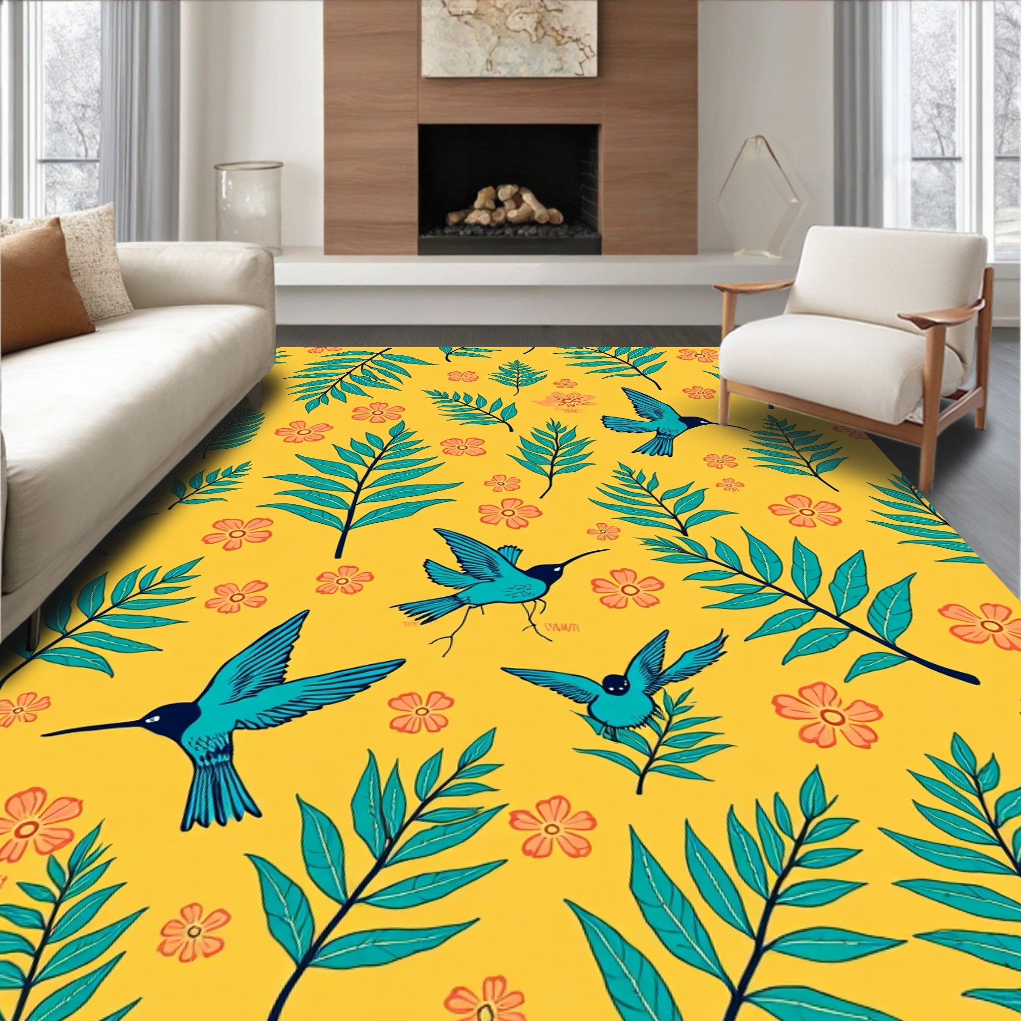 Tropical Ferns and Hummingbirds Pattern Rug