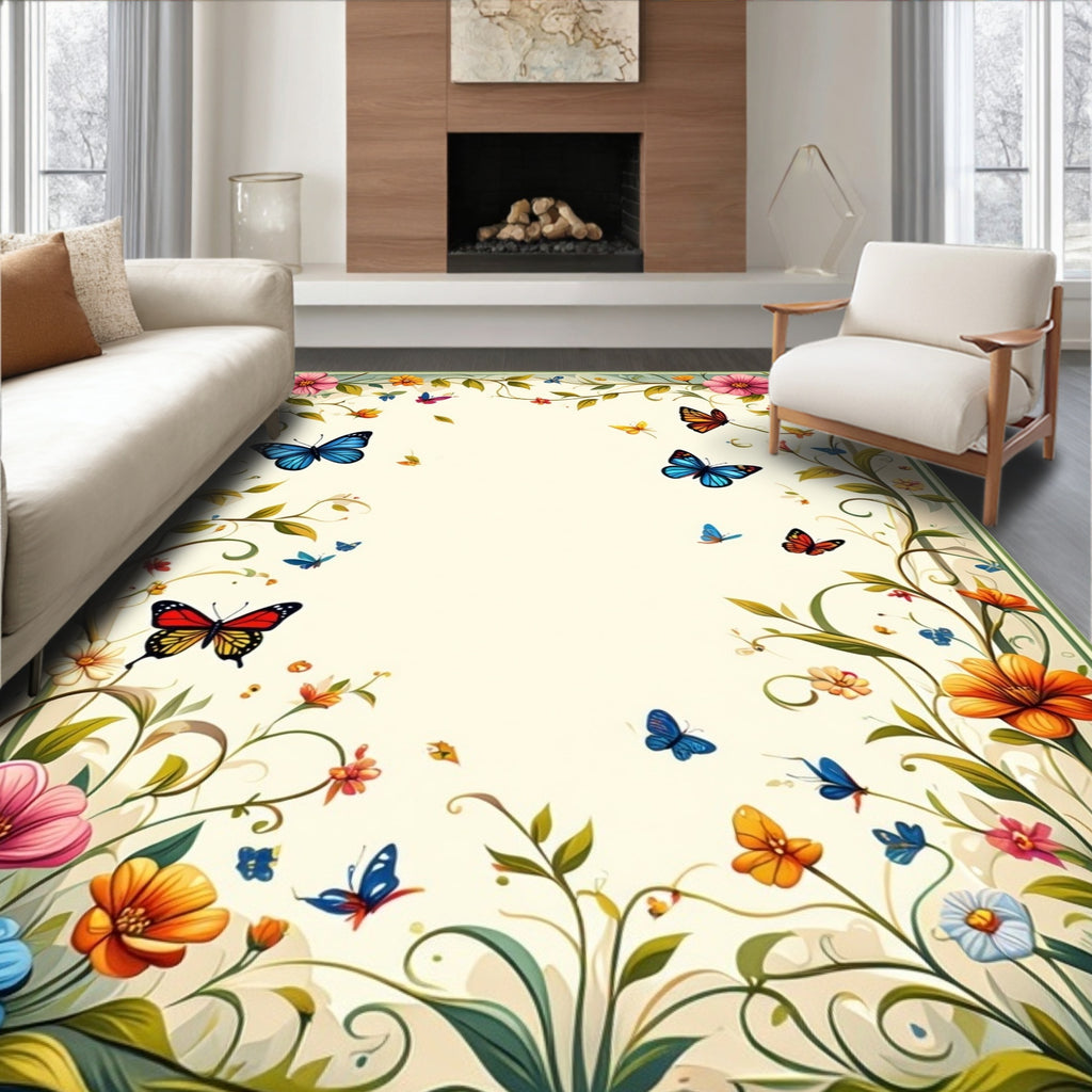 Vibrant Butterflies and Floral Garland Rug