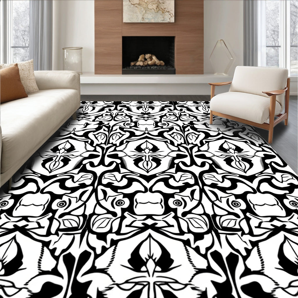Bold Symmetric Black White Graphic Pattern Rug