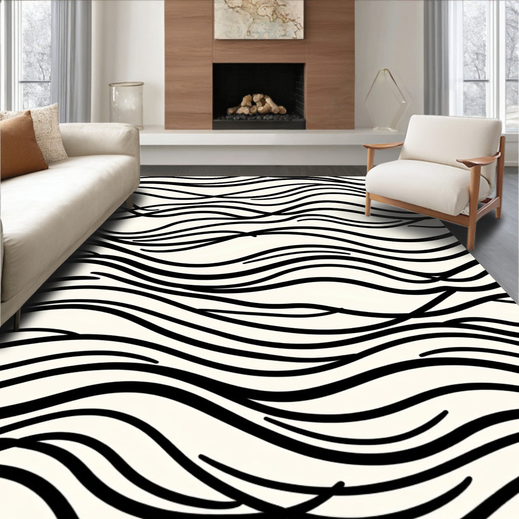 Black And White Wavy Lines Design Rug