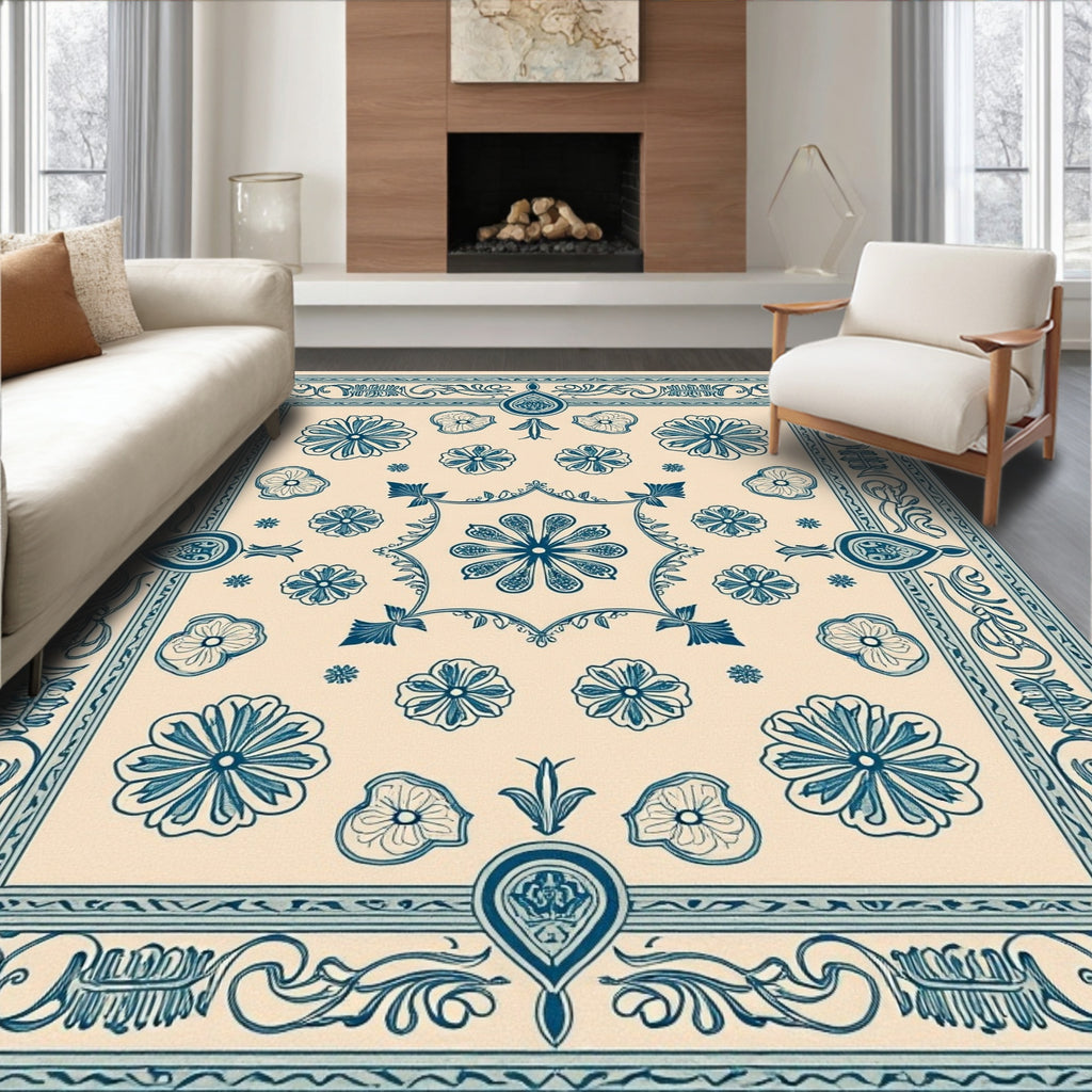 Classic Blue Floral Square Pattern Rug