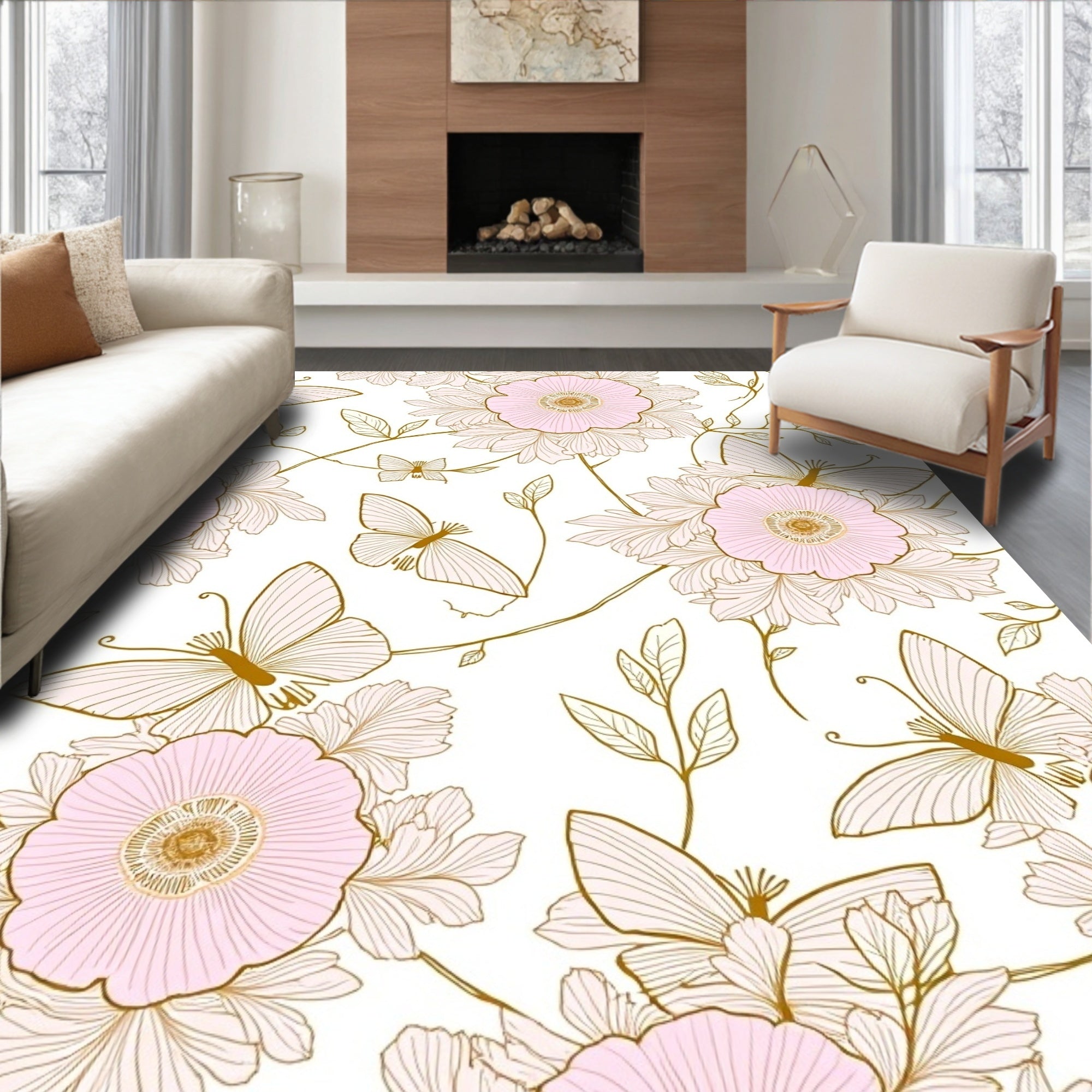 Pink Floral And Butterfly Outline Rug
