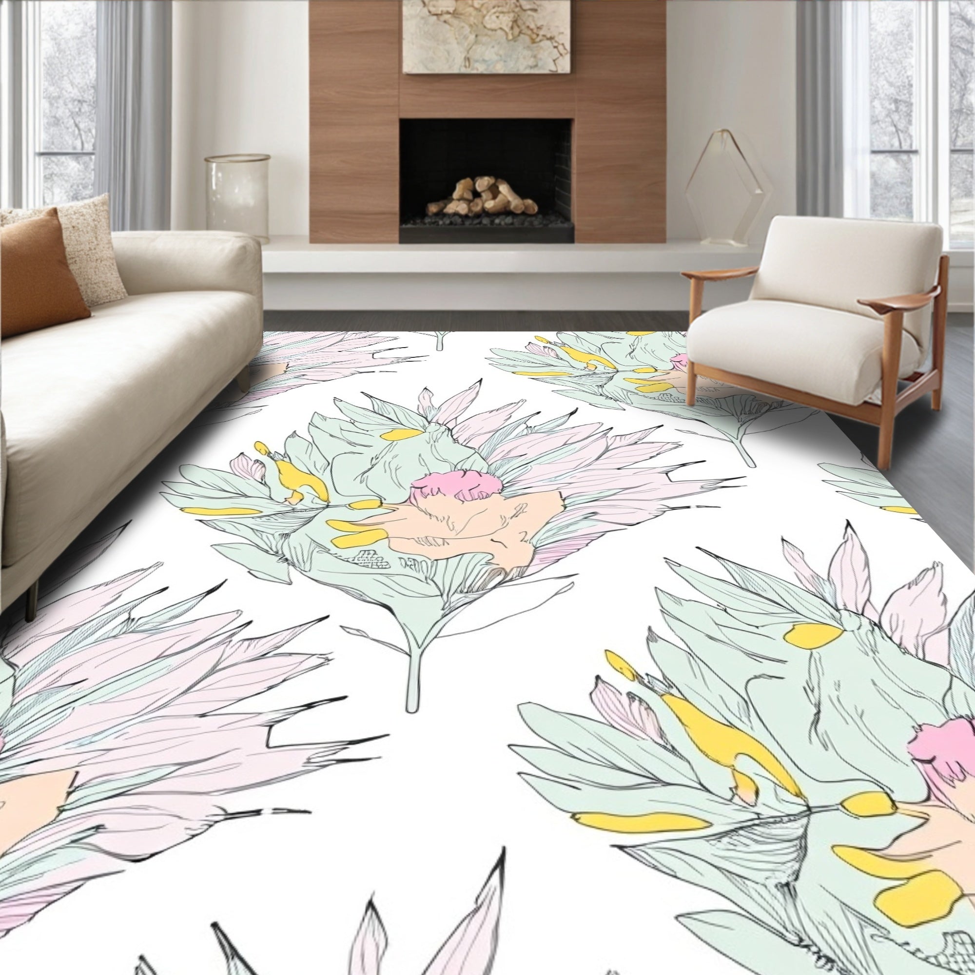 Soft Pastel Floral Botanical Design Rug